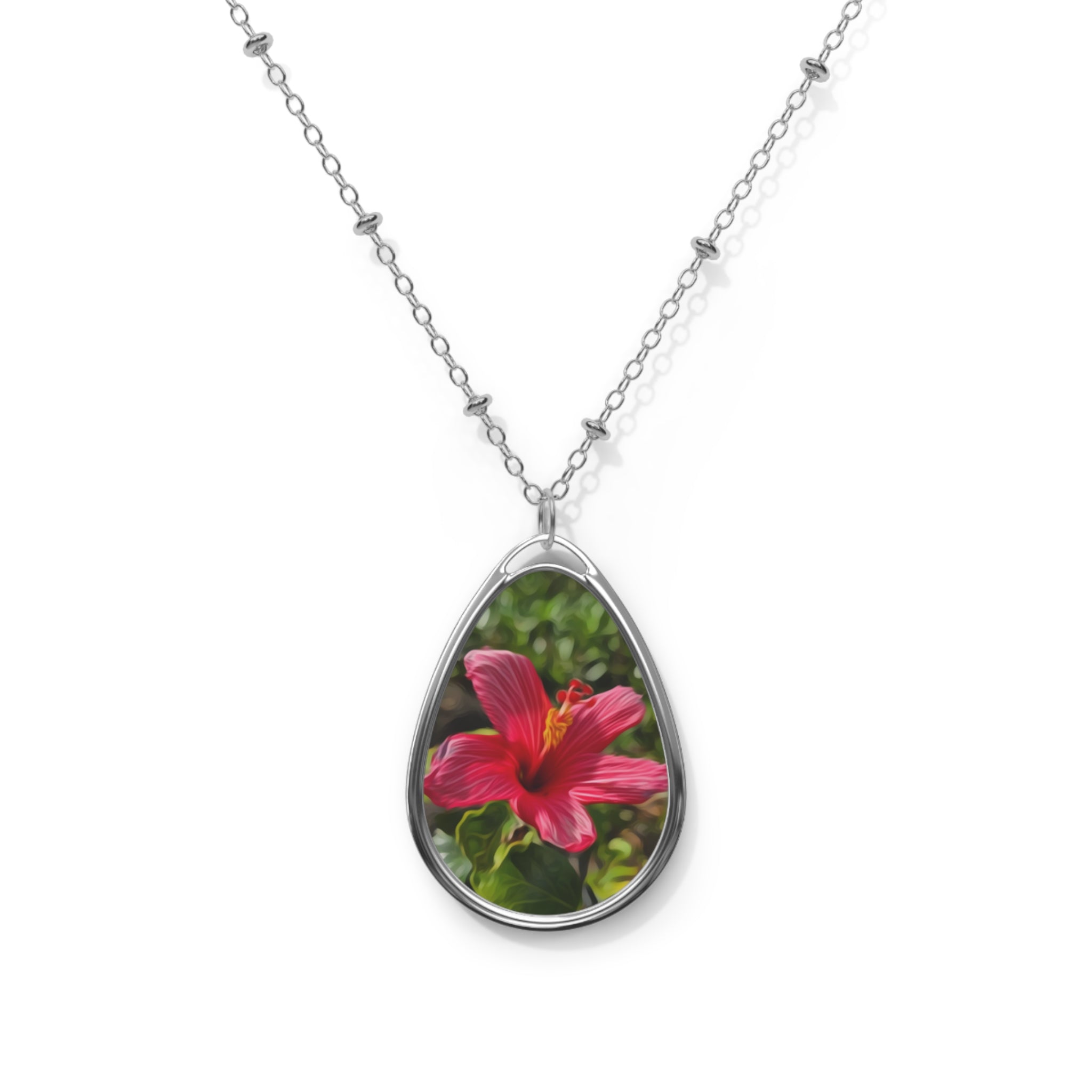 Pink Hibiscus Oval Necklace | Floral Photo Pendant, Teardrop Locket