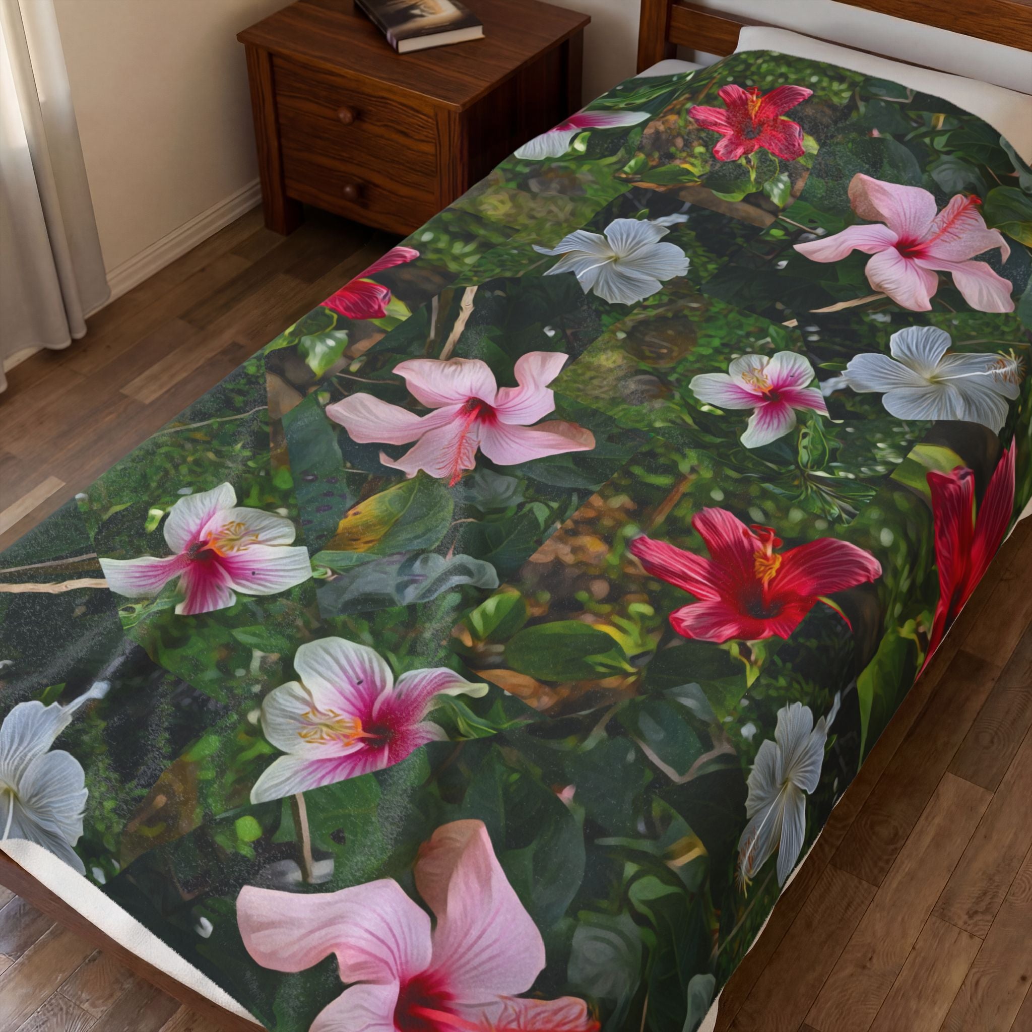Plumeria Floral Velveteen Plush Blanket — Tropical Pink & White Flower Throw