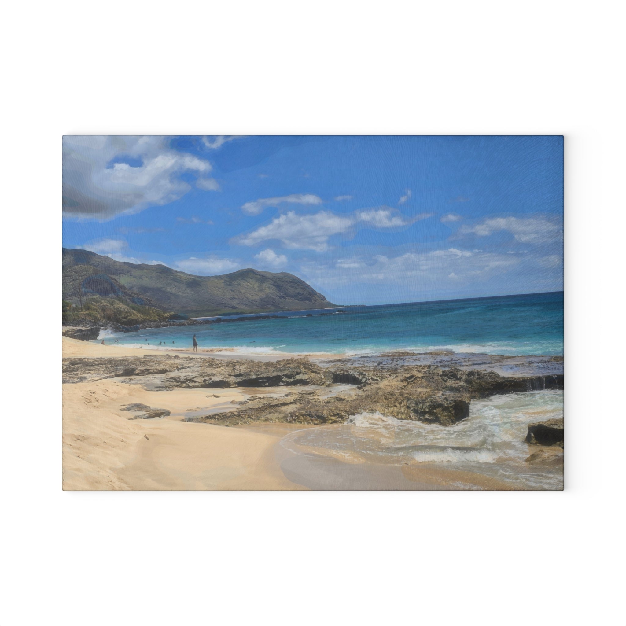 Tropical Beach Scene Glass Cutting Board | Ocean Waves, Sandy Shore