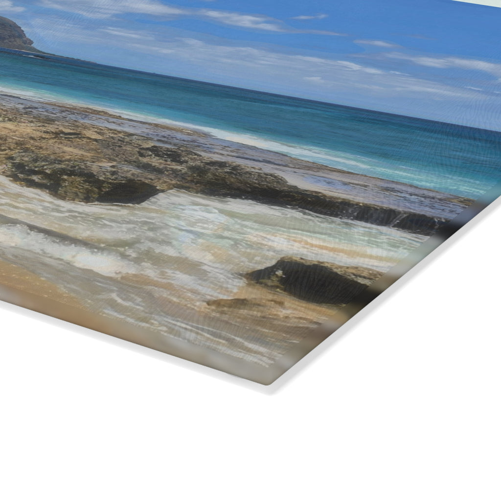 Tropical Beach Scene Glass Cutting Board | Ocean Waves, Sandy Shore