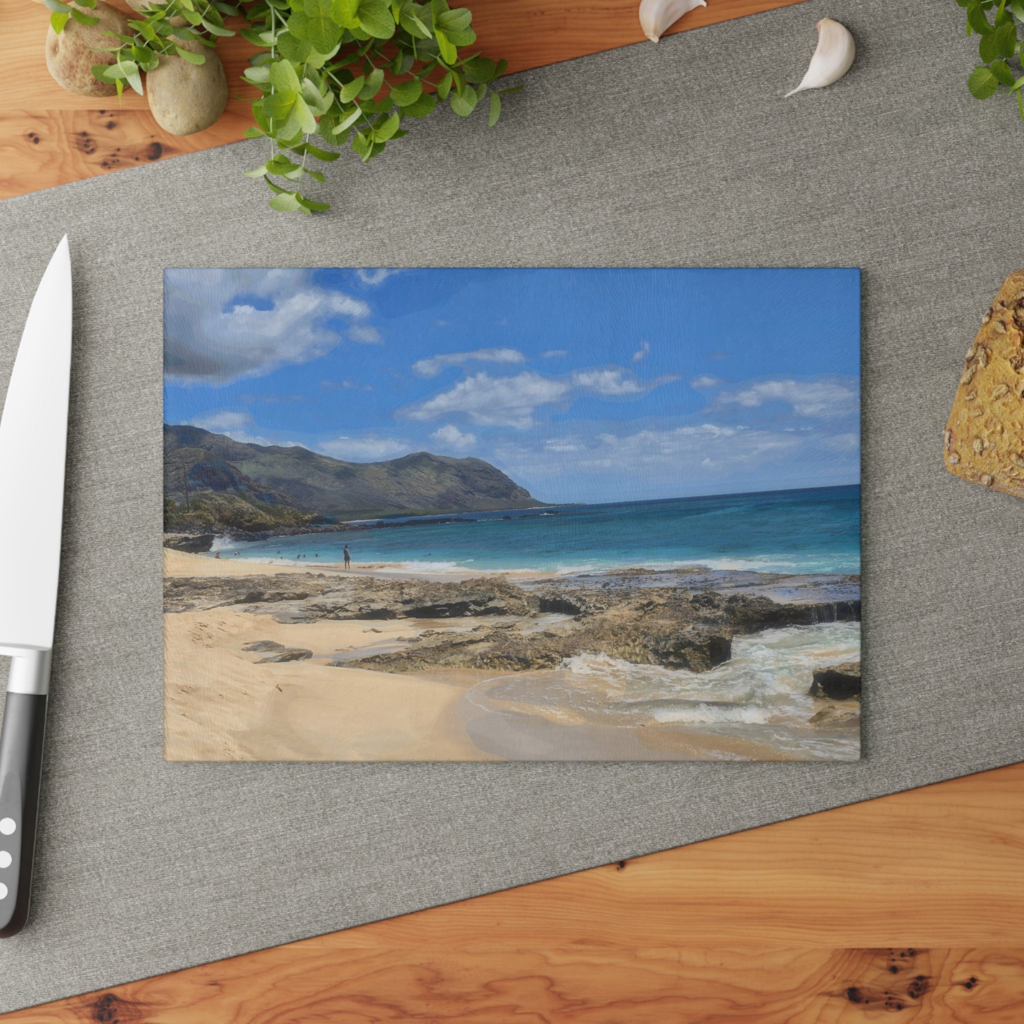 Tropical Beach Scene Glass Cutting Board | Ocean Waves, Sandy Shore
