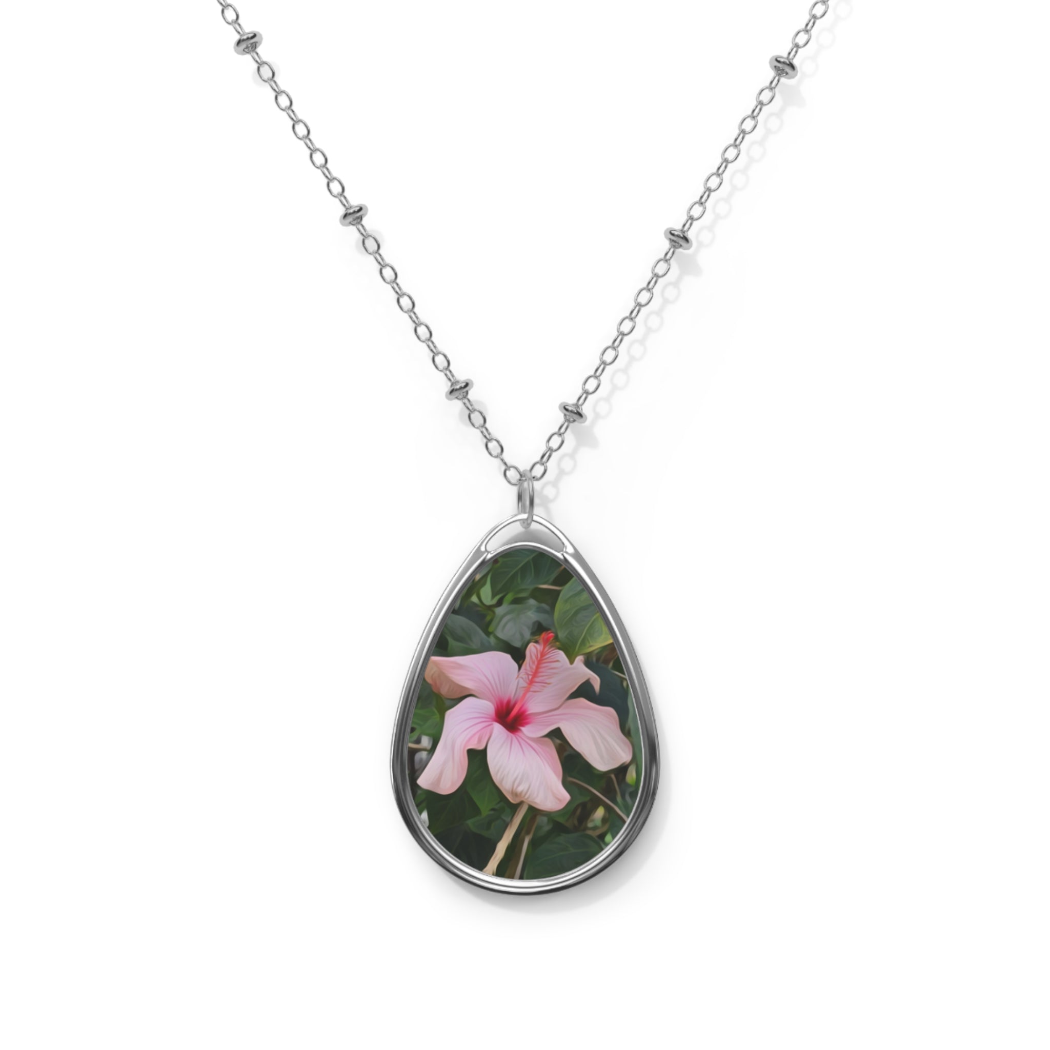Pink Hibiscus Oval Necklace | Teardrop Photo Pendant, Tropical Flower Jewelry