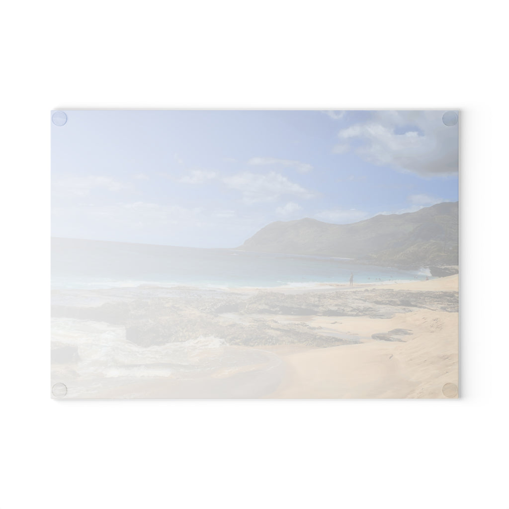 Tropical Beach Scene Glass Cutting Board | Ocean Waves, Sandy Shore