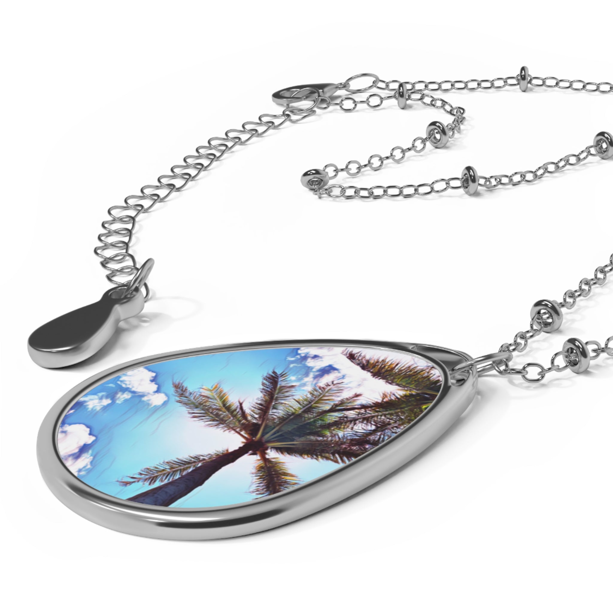 Palm Tree Teardrop Necklace | Oval Necklace Pendant, Tropical Beach Photo