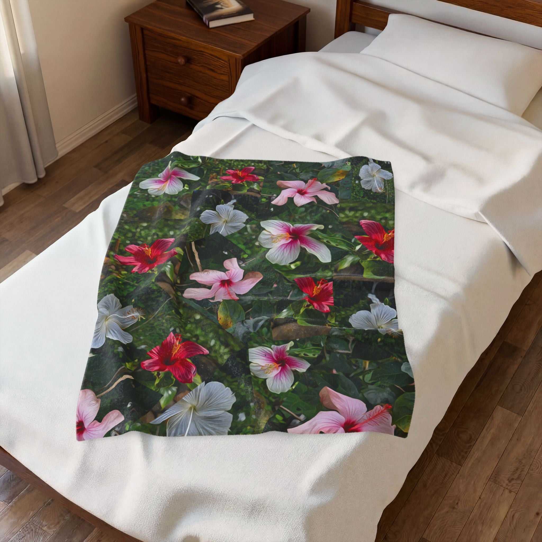 Plumeria Floral Velveteen Plush Blanket — Tropical Pink & White Flower Throw