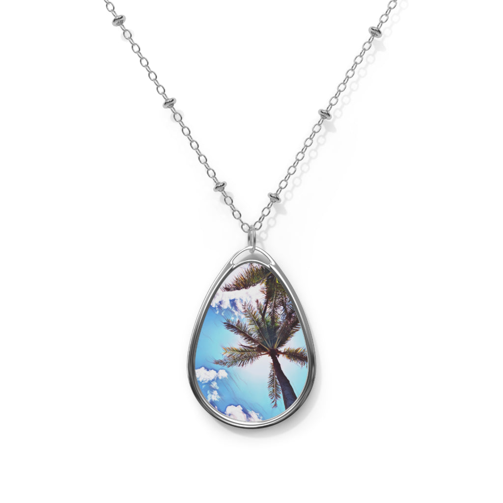 Palm Tree Teardrop Necklace | Oval Necklace Pendant, Tropical Beach Photo